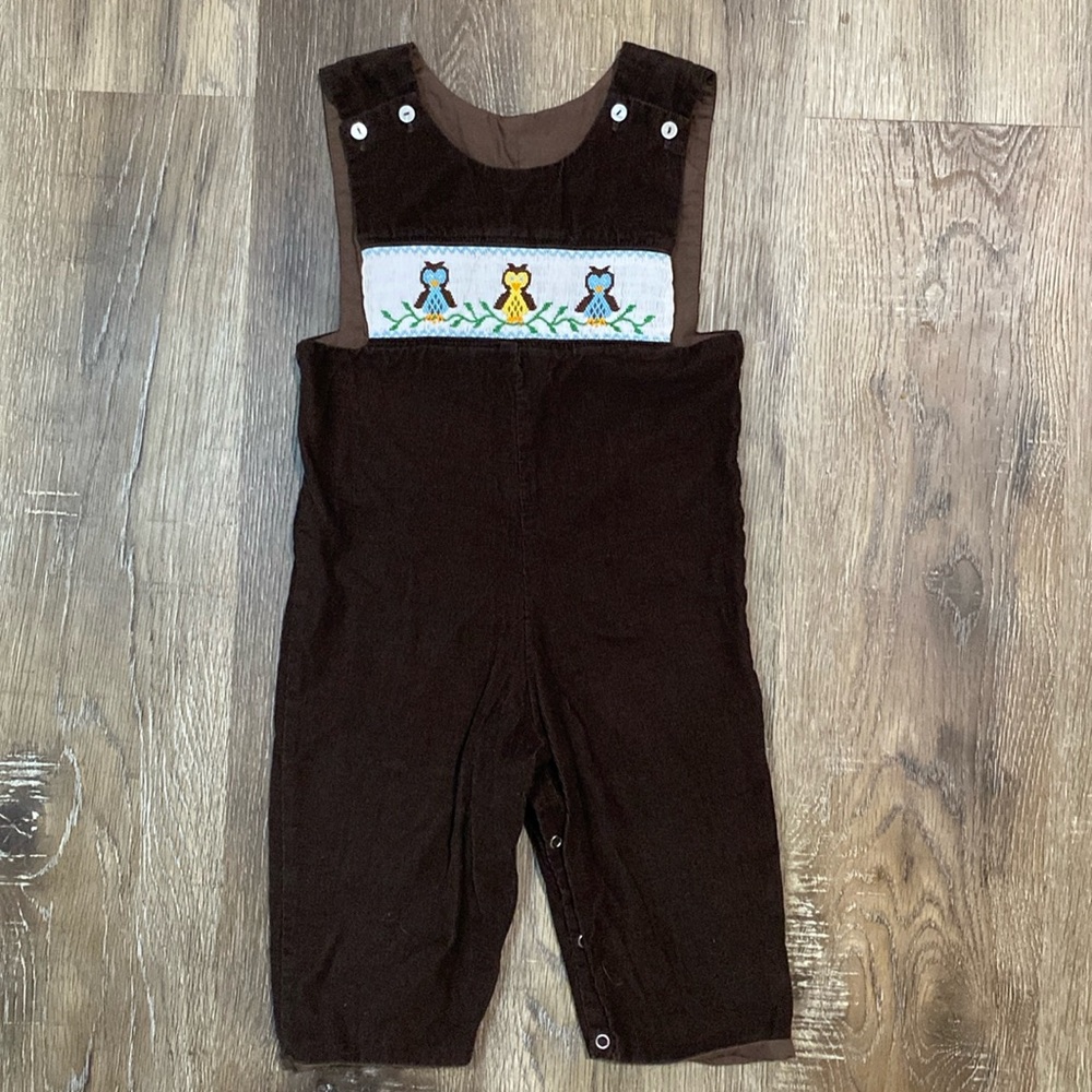 Brown Corduroy Longalls with Owl Smocking